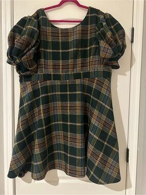 Ivy City Co Green Plaid A line Flair Holly Puff Sleeves Dress 4X